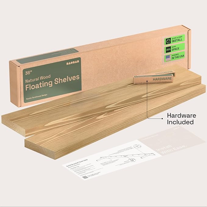 BAOBAB WORKSHOP Natural Wood Floating Shelves for Wall 36 Inches Long, Heavy Duty Wall Shelf for Bedroom, Solid Wooden Bathroom Shelf Large Kitchen Farmhouse, Oak Floating Shelf, 36W × 6.7D, Set of 2