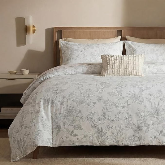100% Cotton Floral Duvet Cover Set King Size Ultra Soft Breathable Grey Floral and Leaf Comforter Cover Set 3 Pcs All Season Cozy Floral Bed Cover with Zipper Closure