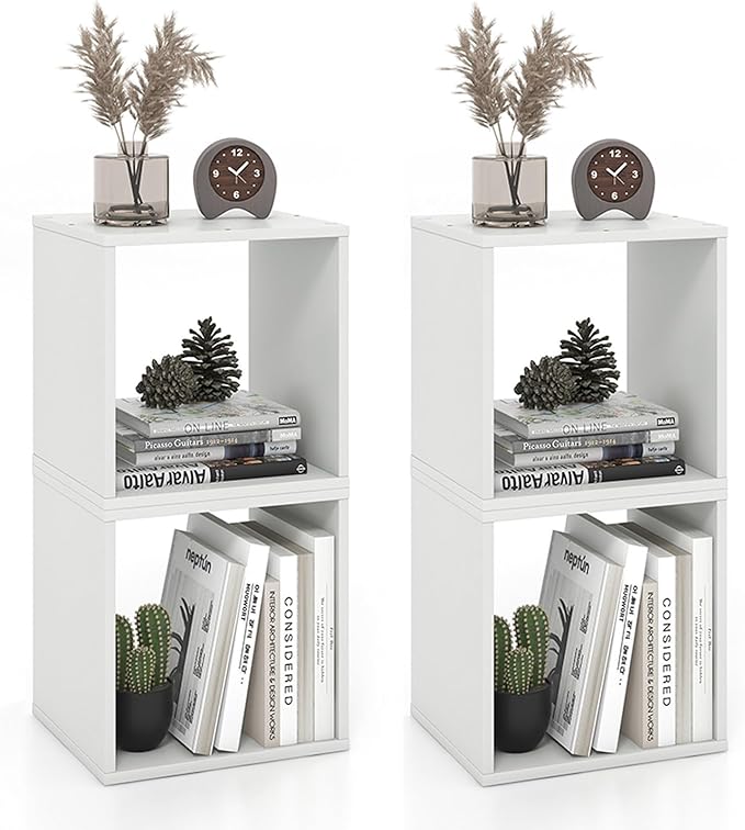 2 Stackable Cubes Bookcase, Wooden Cubby Storage Organizer with Anti-Tipping Device, Small Book Shelf for Small Space, Combination Square Bookshelf Cubes (2, White)