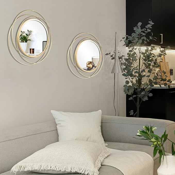 2 Set Circle Mirrors for Wall Decor for Living Room Bedroom Bathroom Entryway Metal Round Mirror Decorative Hanging Mirrors Sun Bohemian Geometric Accent Sculpture -Gold 13 in