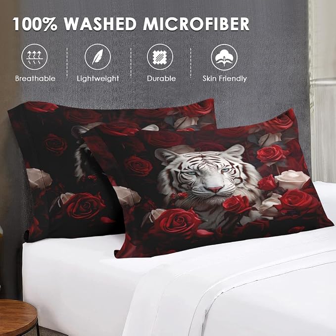 WeCozy Full Size Comforter Set with 2 Pillowcases, White Tiger Wild Animal 3 Pcs Bedding for Kids and Adults, Beautiful Red Rose Flower Soft Comforter Set for Bedroom Bed Decor