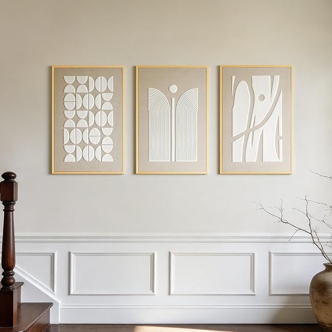 Thalasse 3D Textured Abstract Wall Art for Bedroom, 3 Piece Modern Minimalist Geometric Arch Canvas Artwork, Beige White Linen Pictures with Solid Wood Frame for Office Living Room Decor, 16x24 In
