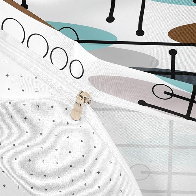 Erosebridal Mid Century Bed Set Modern Minimalist Duvet Cover, Hippie Old Fashion Bedding Set Full Abstract Artwork Comforter Cover, Aesthetic Lines Circles Bed Cover Teal White Grey (Zipper Closure)