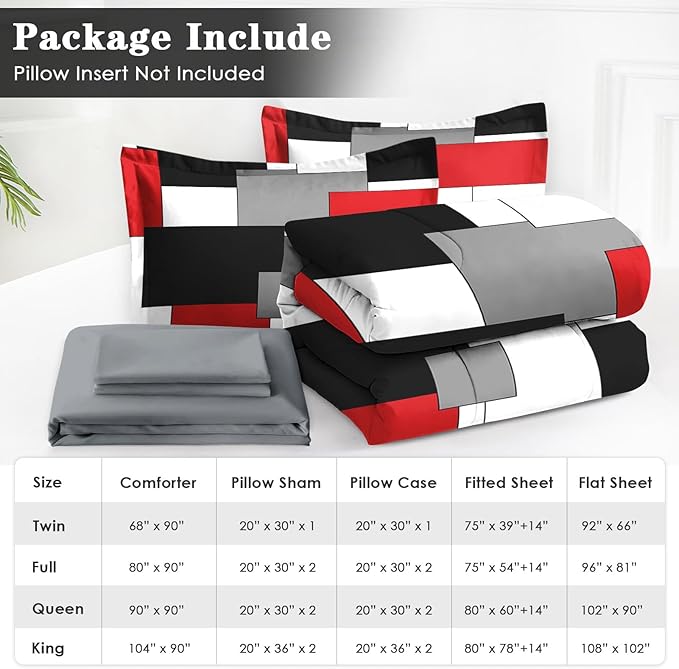 WeCozy 7 Pcs King Size Comforter Set with 2 Pillowcases & 2 Shams, Red and Black Geometric Bedding for Kids and Adults, Abstract Gray Bed in a Bag with Flat Fitted Sheet