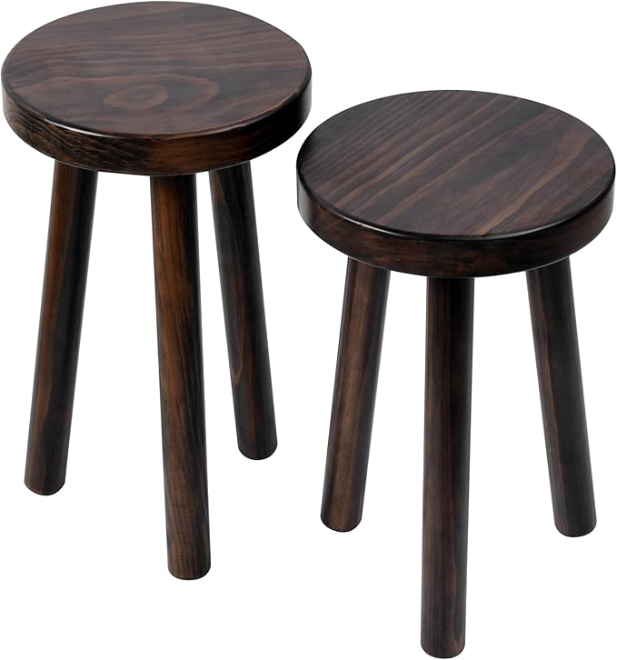Wood Plant Stand Set of 2 (18+16" Tall) - Dark Walnut Round Solid Wood Plant Stand, Side Table, or Bathroom Stool - Heavy Duty Stool for Small Spaces