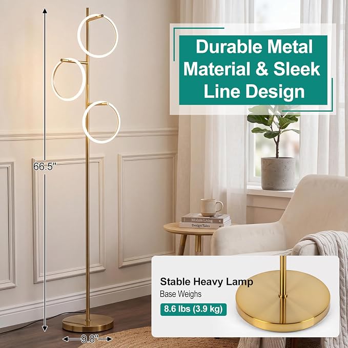 Bairth Gold Floor Lamp with 3 Lights, Modern LED Tree Floor Lamp for Living Room, 17W Stepless Dimmable Tall Standing Lamp with 3 Detachable Circular Lights for Reading, Bedroom, Office, Antique Brass