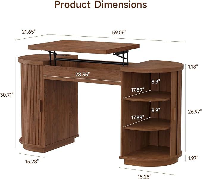 ONBRILL 59 Inches Office Desk with Lift Top, Fluted Executive Desk w/Charging Outlets, Mid-Century Modern Computer Desk with Storage, Curved Study Desk for Work/Study/Writing, Walnut