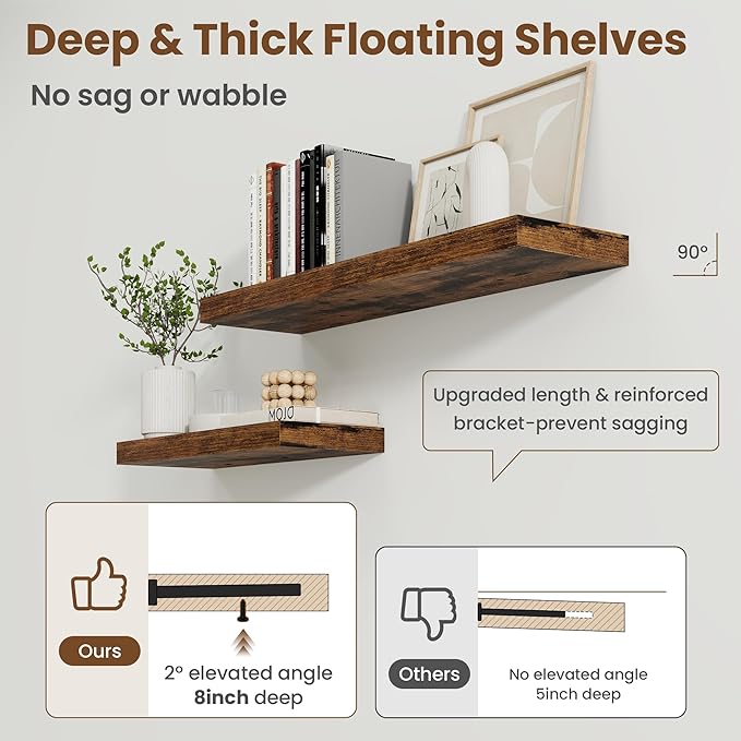72 Inch Floating Shelves for Wall, 8 Inch Deep Floating Shelf for Storage & Display, Wall Mounted Shelf with Invisible Brackets for Living Room, Kitchen, Bathroom, Home Decor, Set of 2, Rustic Brown