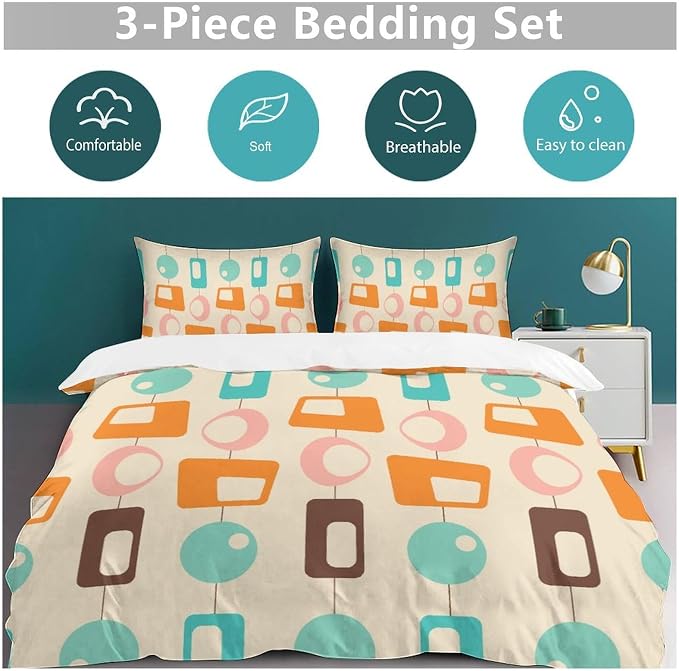 Colorful Aesthetic Comforter Cover Geometry Bed Set, Retro Atomic Duvet Cover，Modern Mid Century Bedding Sets，Aesthetic Abstract Art Bedding 3 Piece (1 Duvet Cover 86"x70" + 2 Pillow Sham 20"x30")