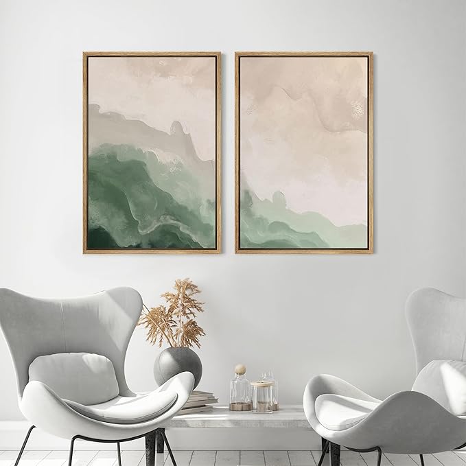 MUDECOR Framed Canvas Print Wall Art Soft Green and Beige Abstract Calming Watercolor Landscape Illustrations Modern Art Decorative Bohemian Chic for Living Room, Bedroom, Office - 16"x24"x2 Natural