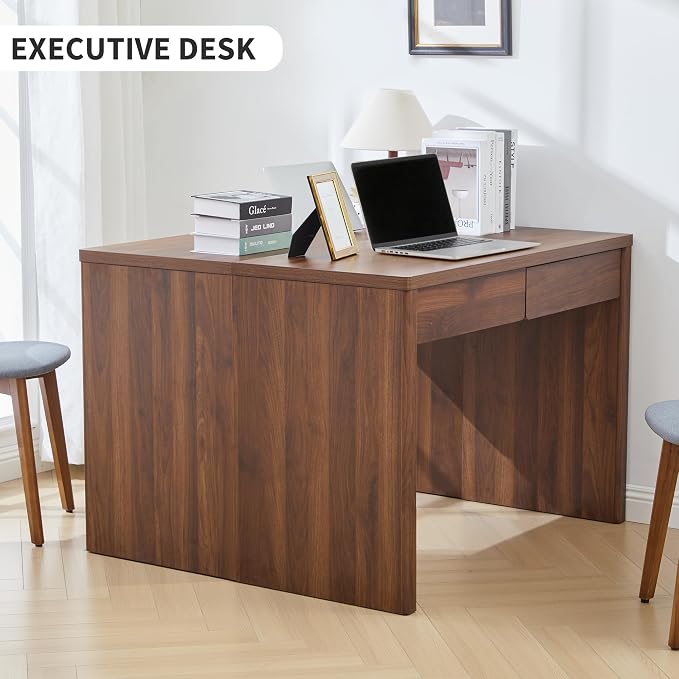 43 Inch Small Computer Desk with 2 Drawers, Mid Century Modern Writing Study Table for Home Office, Vintage PC Work Desk with Storage for Bedroom Small Spaces, Easy Assembly, MDF - Walnut