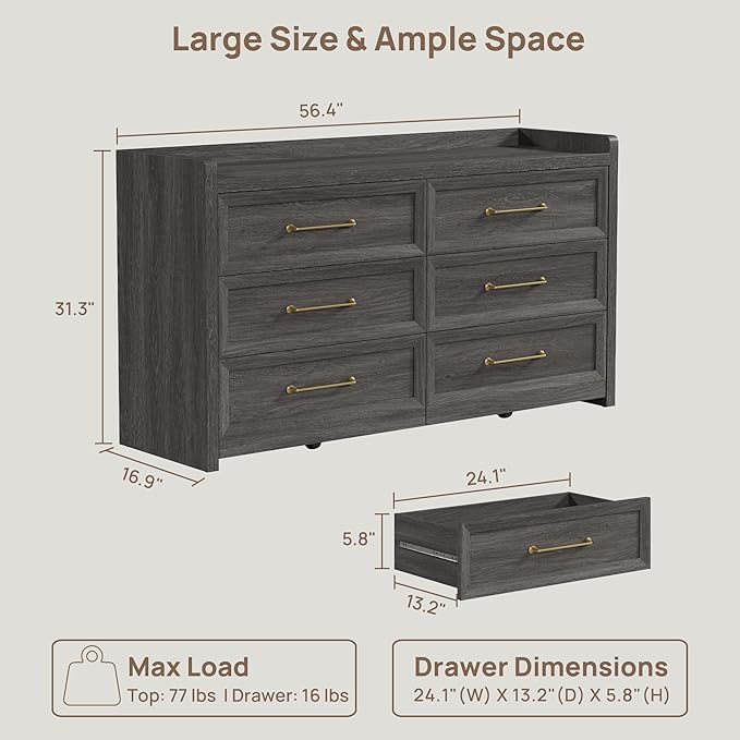 SICOTAS 6 Drawer Dresser for Bedroom-56.4" Extra-Wide Wooden Chest of Drawers with Large Storage, Long Dresser TV Stand with Drawers, Modern Closet Dressers for Nursery Living Room, Dark Grey Oak