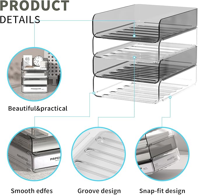 Acrylic Paper Tray Organizer for Desk, Clear & Brown Stackable Letter Tray, 4-Tier Paper File Organizer, Office Desk Accessories for Document Organization
