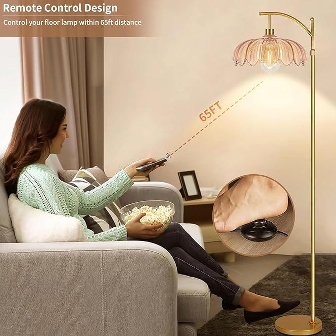 Gold Floor Lamp for Living Room,Bedroom,Mid Century Modern Standing Lamp with Remote,Dimmable Brass Tall Lamp Amber Glass Vintage Retro Arc Floor Lamps Flower Floor Light Boho Bohemian
