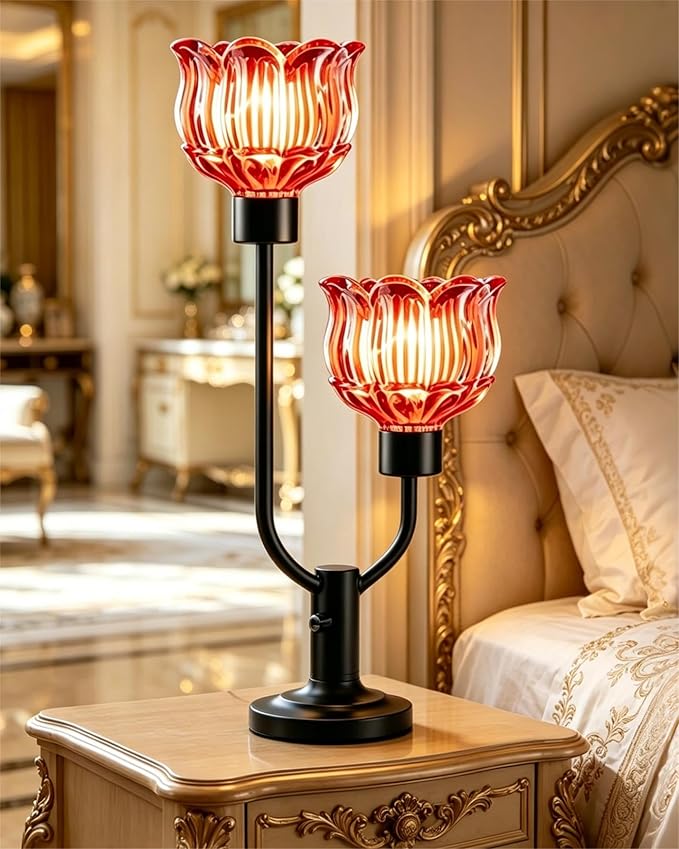 Lightdot Mid Century Modern Red Table Lamp Dimmable Vintage Black Flower Desk Lamp Lotus Glass Nightstand Lamp 2 Bulbs Included Warmwhite Ambient Bedside Lamp for Living Room Bedroom Home Office Decor