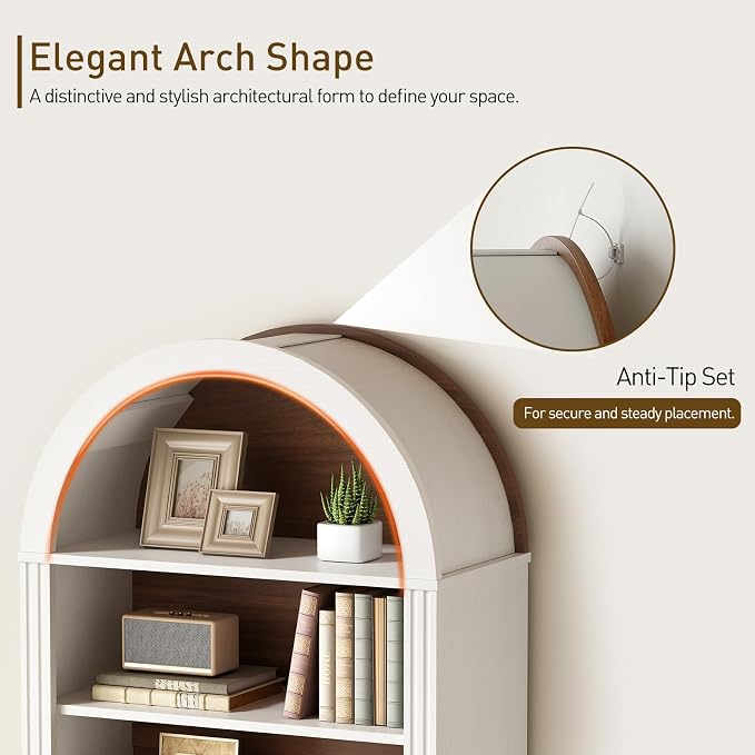 RALGEND Arched Bookshelf Set of 2, 73" Tall Arch Bookcase with Drawer, 6-Tier Farmhouse Book Shelf, Wooden Bookshelf with Open Display Shelves for Living Room, Office, Walnut and White
