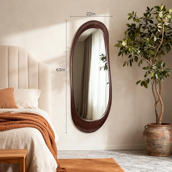WallBeyond Asymmetrical Full Length Wooden Mirror, 22.5" x 63" Irregular Solid Wood Wall Mirror, Boho Decor for Bedroom Living Room Entryway, Mid-Century Modern, Dark Walnut