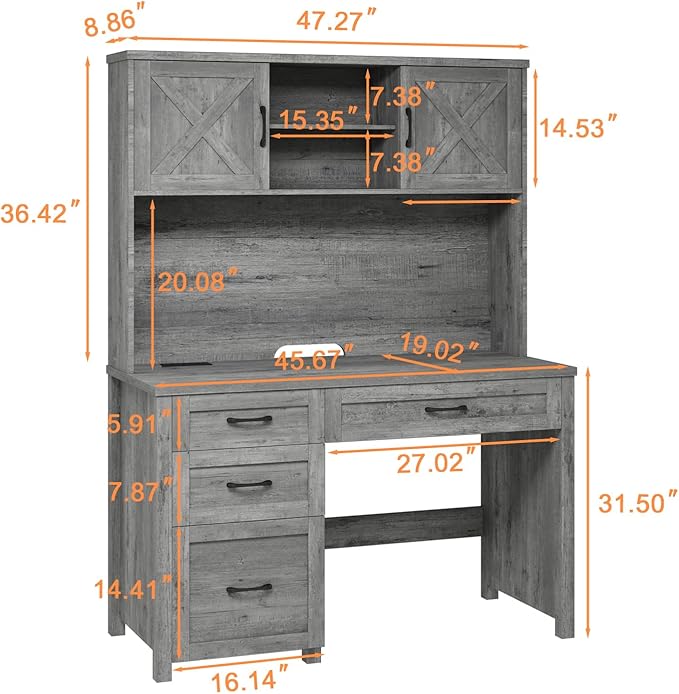 Farmhouse 67" H Executive Desk with Hutch,Office Desk with 4 Drawers and LED light, Computer Table with Storage Cabinet & File Drawers and Charging Station, Wood Workstation for Home Office and Study