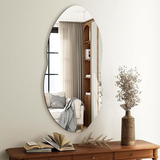 Irregular Wall Mirror, 38 x 22 Inch Asymmetrical Frameless Mirror for Bathroom, Living Room, Bedroom, Modern Abstract Vanity Mirror with Shatter-Proof Glass