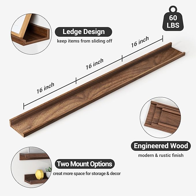 Axeman Picture Ledge Shelf | 55 Inch Walnut Floating Shelves Set of 3 | Rustic Wood Wall Shelves with Lip | 55" Walnut Picture Shelf for Wall with Ledge | Photo Shelves