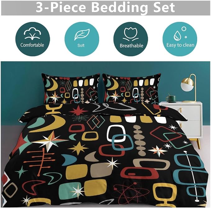 Modern Geometric Comforter Set,Retro Mid Century Colorful Diamond Abstract Geometric Vintage 60s 70s Pattern Bedding Set with Pillowcase for Bedroom Bed Decor，Twin 86"x70"