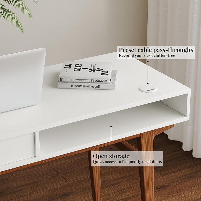 White Computer Desk with Drawers - 45 inch Minimalist Small Solid Wood Mid-Century Modern Office Desk for Home - Boho Style Writing Table with Open Storage,Light Wooden Desk Workspace