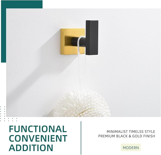 Angle Simple Towel Hook Black & Gold, Stainless Steel Bathroom Towel Holder, Robe Hook, Kitchen Towel Hanger, Wall Mount