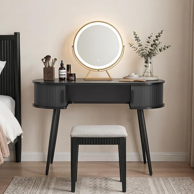 AVZEAR 43" Oval Fluted Home Office Desk, Small Computer Desk Mid Century Modern Vanity Table with Sliding Tambour Door, Wooden Writing Study Desk for Small Spaces, Bedroom, Office(Black)