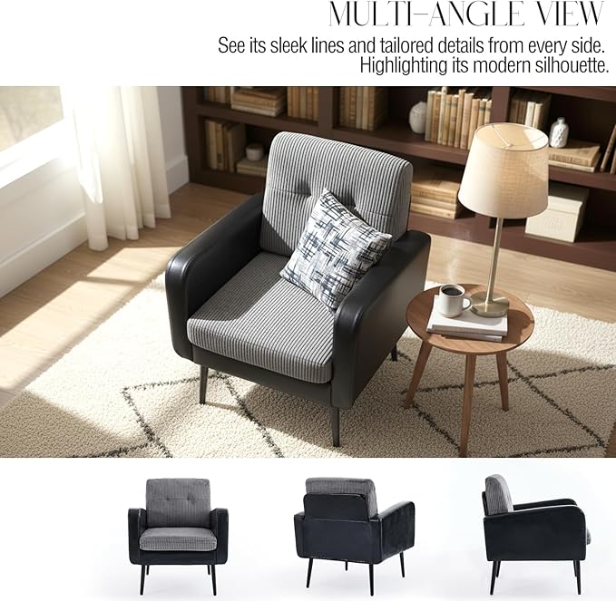 Comfy Accent Chair for Living Room Chairs Mid Century Modern Reading Chair Accent Chairs with Metal Legs,Upholstered Arm Chair for Bedroom Office Waiting Room(Black & Grey,1)