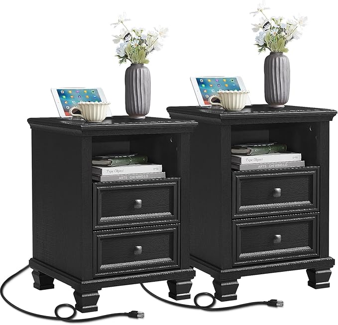 Farmhouse Nightstand Set of 2 with Charging Station, Rustic Black Nightstand with Drawers, Bedside Table with Open Shelf for Bedroom, Black