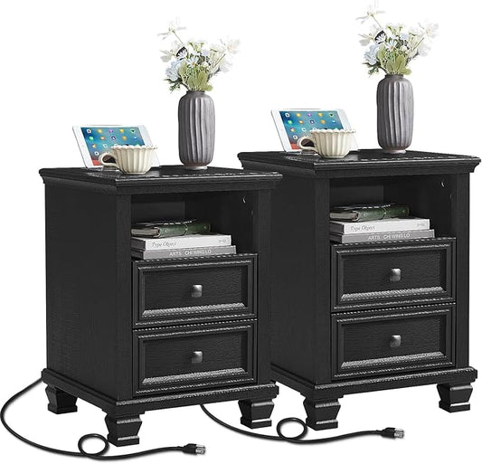 Farmhouse Nightstand Set of 2 with Charging Station, Rustic Black Nightstand with Drawers, Bedside Table with Open Shelf for Bedroom, Black