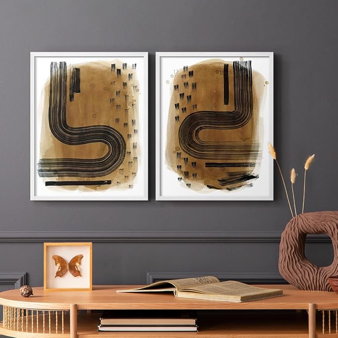 Renditions Gallery Set of 2 Peel & Stick Framed Prints, Abstract Wall Art, Hand Drawn Ink Curves Wall Decor, Re-Stickable - Ready to Hang - 16"x20" - White Frame LT588