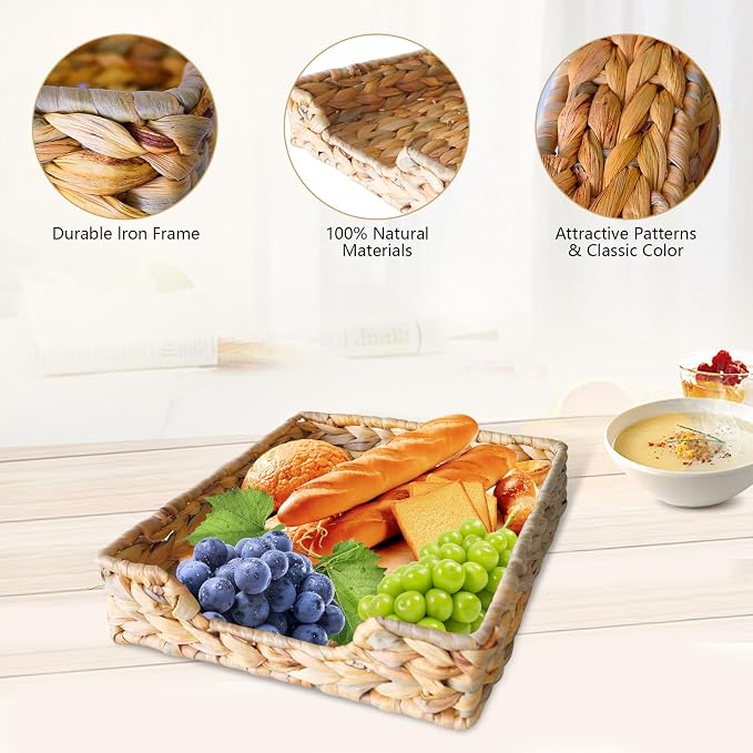2 Pcs A4 File Tray, Natural Water Hyacinth Desk Basket, Wicker Paper Tray File Basket for Desk Organizer, Woven Letter Size Documents Trays for Office,Toilet Tank Organizer
