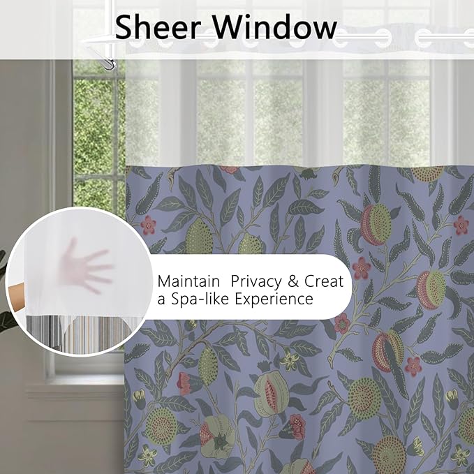 No Hook Shower Curtain with Snap in Fabric Liner - Vintage Botanical Fruit Floral Print, Waterproof Shower Curtains and Liner Set for Bathroom, 71″W × 74″H