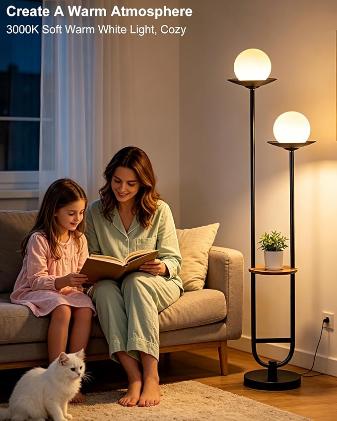 Lightdot 63IN Black Floor Lamp with U Pole, 2 Globe Mid Century Standing Lamps Dimmable with 3000K Warm White LED Bulbs, Unique Vintage Tall Floor Lamp for Living Room/Wedding/Party