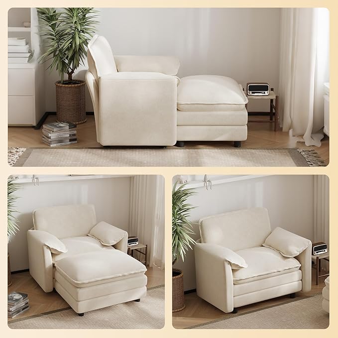 Oversized Chaise Lounge Chair Indoor with Ottoman, Firm Solid Wood Frame with Long Service Life Chenille Oversized Lounge Reading Chair for Study Room - Beige White