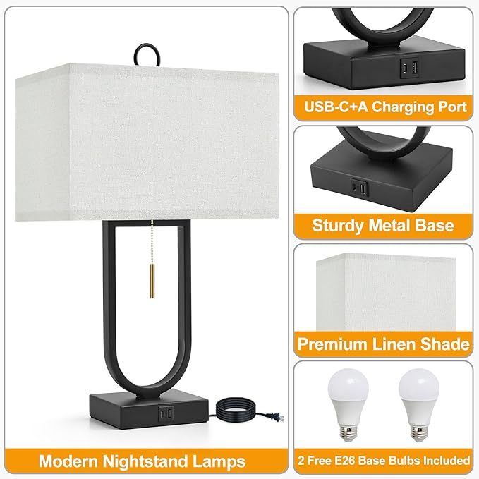 24'' Table Lamps Set of 2 - Desk Lamp & Bedside Lamp, Adjustable Color Temperature, USB C+A Ports, Modern Nightstand Lamps for Bedroom, Living Room, Home Office, Pull Chain Switch( Includes Bulbs)