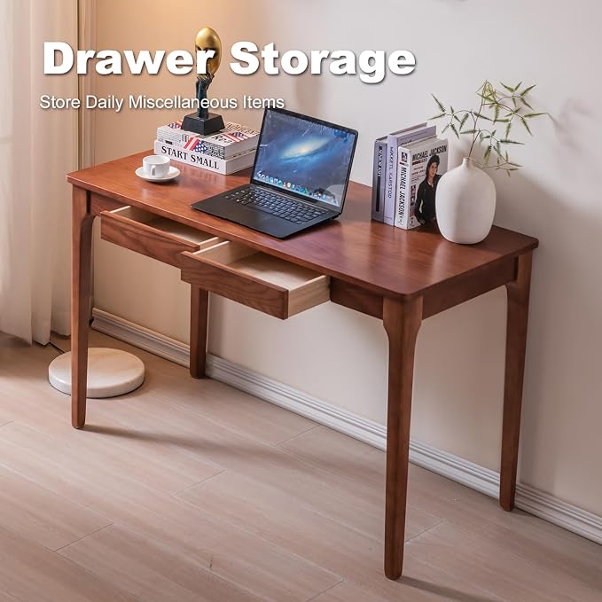 Solid Wood Desk with Drawers, Home Office Desk for Small Spaces, Gaming Work Study Desk, Student PC Desk for Bedroom, Easy to Assemble (Cherry Color, 47.2 inch)