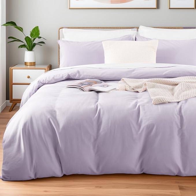 NEXHOME PRO Twin Duvet Cover Set, 100% Washed Cotton with Linen-Like Texture, Natural Organic, Breathable & Comfortable, Includes Home Bedding Set Lilac (No Comforter) 68"x90"