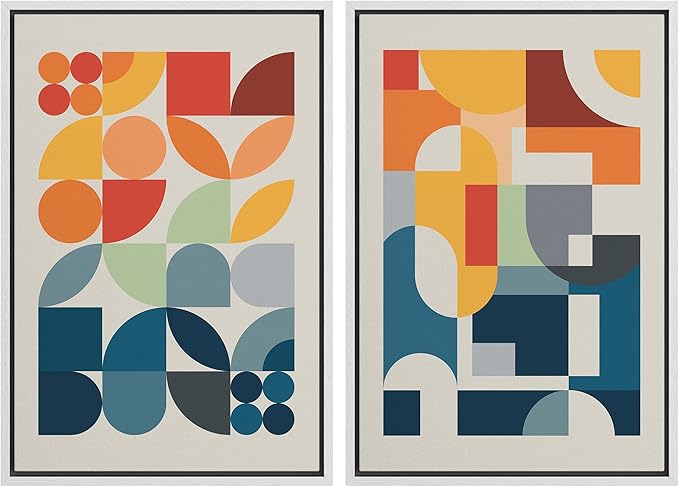 IDEA4WALL Framed Canvas Print Wall Art Set Mid-Century Modern Red & Blue Geometric Color Blocks Abstract Shapes Illustrations Modern Art Decorative Minimalist Multicolor for Bedroom - 24"x36"x2 White