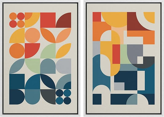 IDEA4WALL Framed Canvas Print Wall Art Set Mid-Century Modern Red & Blue Geometric Color Blocks Abstract Shapes Illustrations Modern Art Decorative Minimalist Multicolor for Bedroom - 24"x36"x2 White