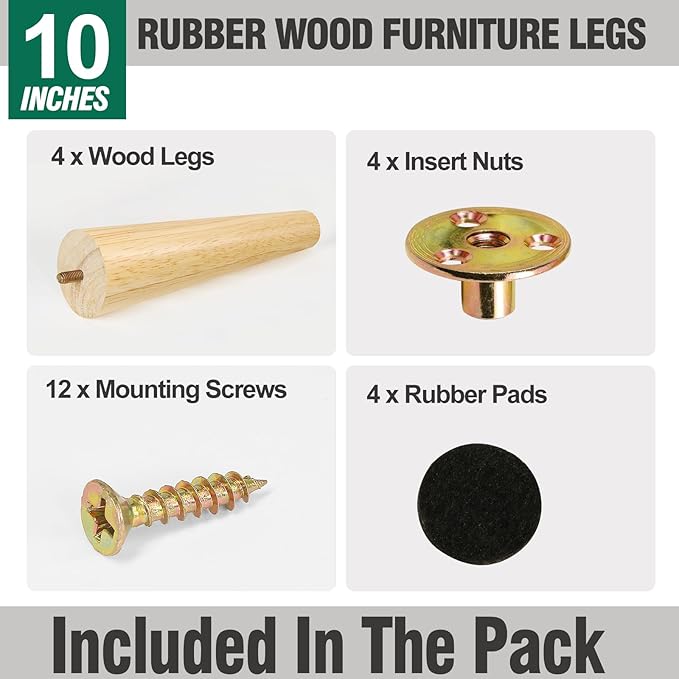 FoDau770 Rubber Wood Furniture Legs 10 Inches, Straight Tapered Wood Feet Mid Century Sofa Legs Set of 4, 5/16" UNC Furniture Feet Replacement Parts for Cabinet Couch Dresser Chair Ottoman Table
