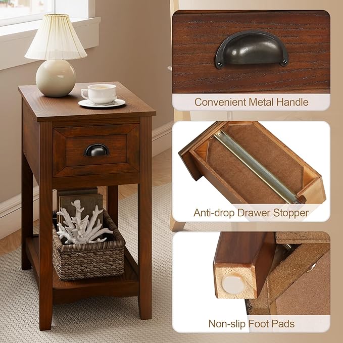 Giantex End Table with Drawer, Retro Narrow Side Table, Nightstand with Solid Wood & Stroage Shelf, Bedside Table for Living Room Bedroom Small Space Home Office (1, Walnut)