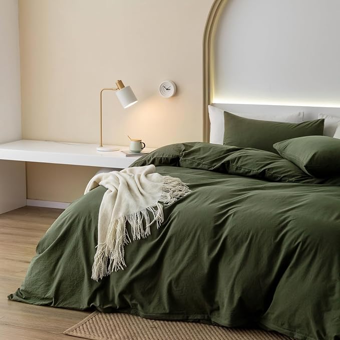 JIYUAN 100% Washed Cotton Duvet Cover Set 3 Pieces Super King, 1 Duvet Cover 108x98 Inches(Comforter Not Included) and 2 Pillowcases,Linen Feel Bedding Set Comfy and Breathable,Olive Green