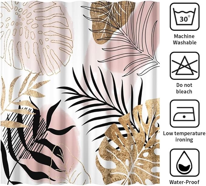 Modern Boho Shower Curtain Pink Gold Palm Leaves Abstract Aesthetic Bathroom Decor Gorgeous Watercolor Botanical Theme Bohemian Bath Curtains Washable Waterproof Polyester Fabric with Hooks 70x72 Inch