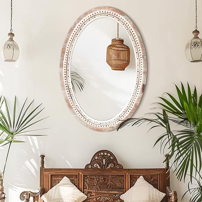 20'' Oval Wall Mounted Mirror, Wood Decorative Circle Mirrors, Boho Mirrors with Beaded Frame, Rustic Vanity Mirror, Distressed Mirror for Bathroom, Living Room, Bedroom, Entryway
