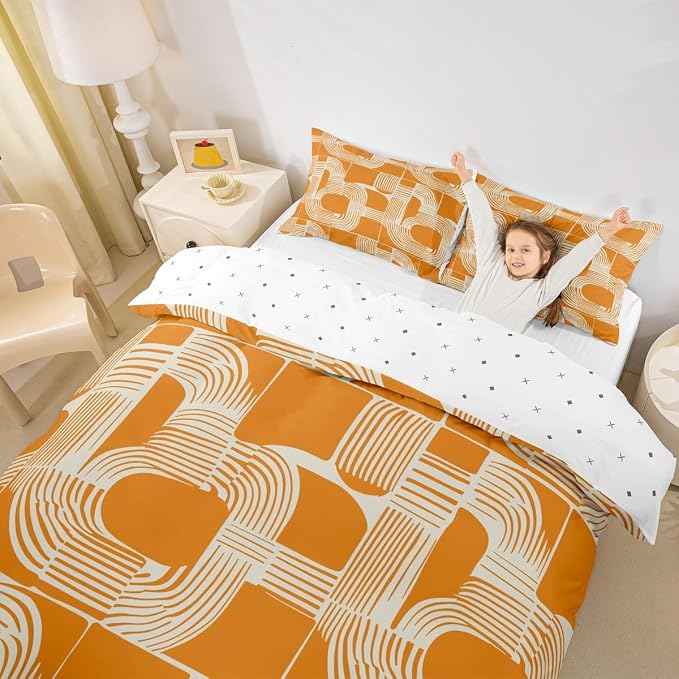 Erosebridal Mid Century Comforter Cover Queen Size Bohemian Ethnic Kids Duvet Cover Boho Geometric Bedding Set for Boys Teens Adult Bedroom Decor Modern Simple Orange Stripes Bed Sets