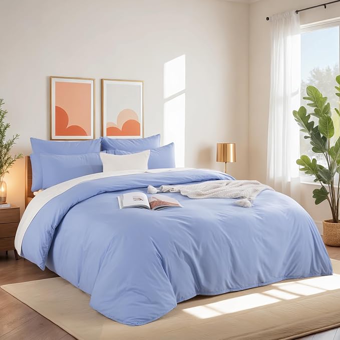 NEXHOME PRO Twin Duvet Cover Set, 100% Washed Cotton with Linen-Like Texture, Natural Organic, Breathable & Comfortable, Includes Home Bedding Set Baby Blue (No Comforter) 6890