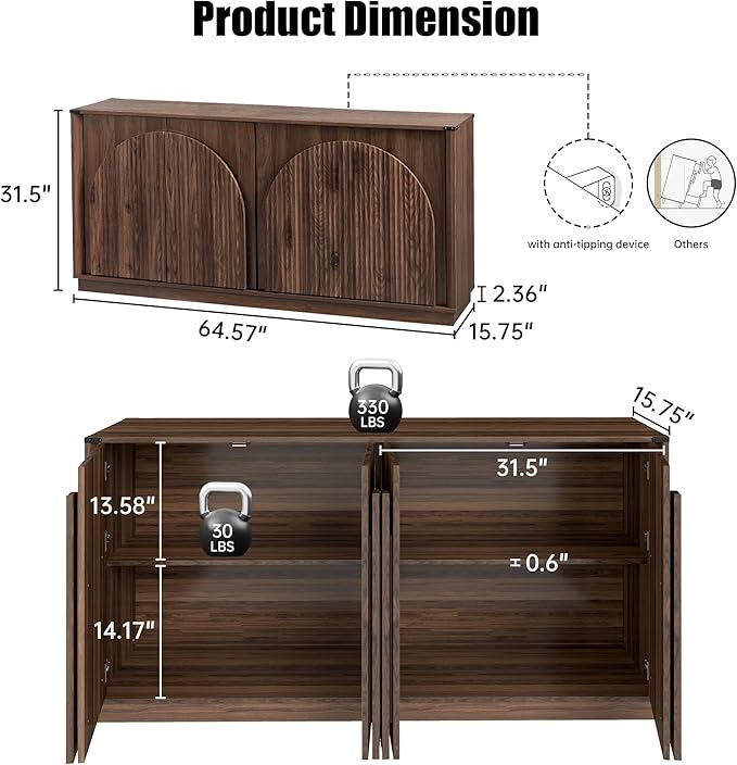 65" Sideboard Buffet Cabinet with Storage, Mid Century Modern Fluted Accent Credenza with Adjustable Shelves, Wood Media TV Console Coffee Bar Table for Dining Room, Living Room, Walnut