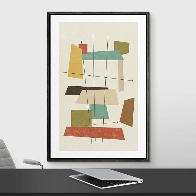 Woodrose Framed Canvas Print Wall Art 1960s Geometric Mid-Century Squares Abstract Shapes Illustrations Modern Minimalist Chic Relax/Calm Multicolor for Living Room, Bedroom, Office - 24"x36" Black